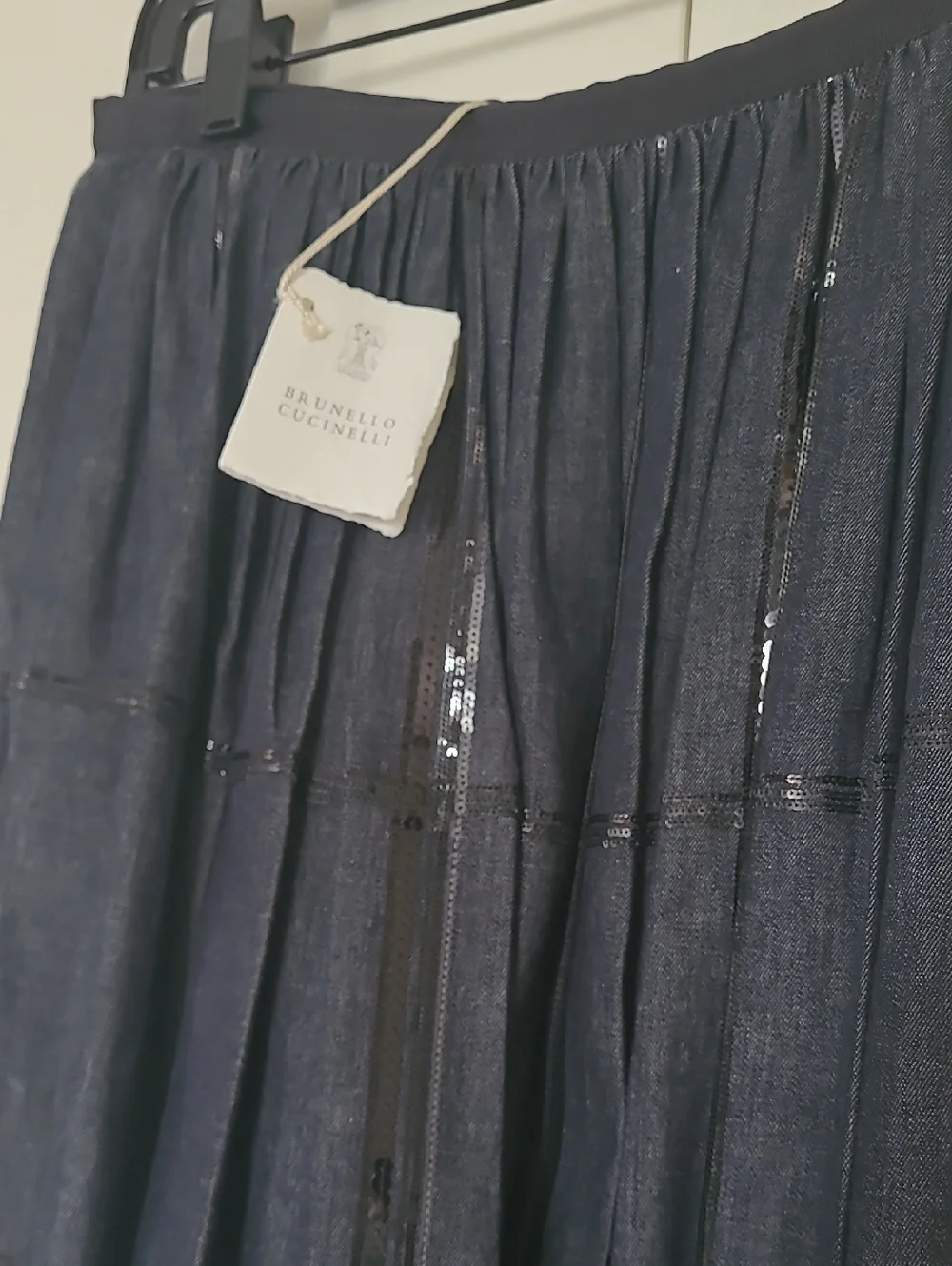 Brunello Cucinelli Dark Navy Pleated Skirt with Sequin Stripes - Picture 1 of 9